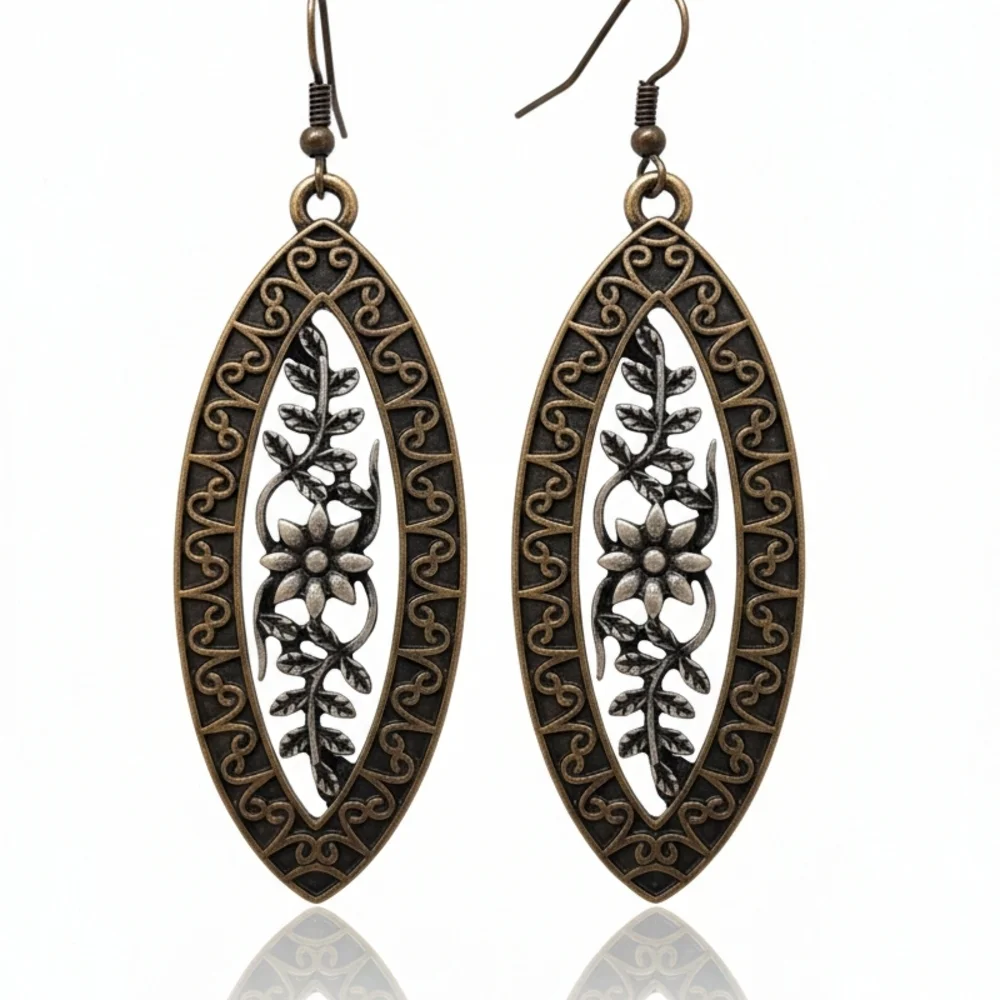 Elegant Black and Gold Floral Earrings - Picture 1 of 4